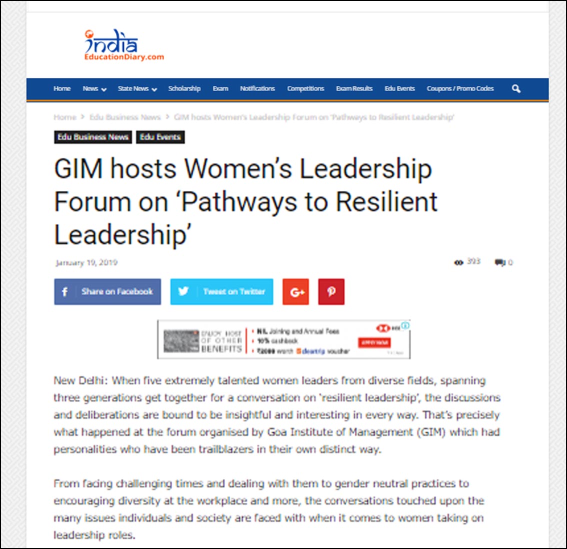 GIM hosts Women's Leadership Forum on 'Pathways to Resilient Leadership' , India Education Diary - January 2019